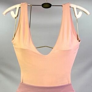 Peach Deep V-Neck Open Back Bodysuit Sleeveless Tank Top Nude Blush Pink